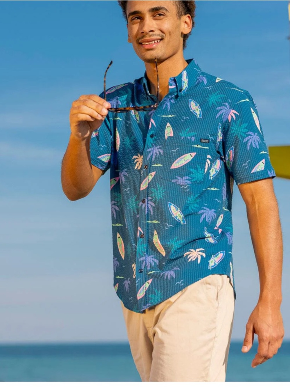 RSVLTS GATOR RAYS Stretch Seersucker Shirt Surf Blue Size Medium NWT